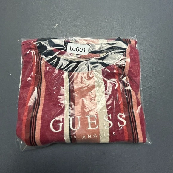 Guess Originals Striped T-Shirt Men's Large Logo Crewneck Red Pink Retro Casual - Picture 8 of 8
